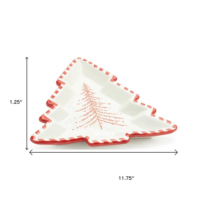 HomeRoots Set of Two Red And White Ceramic Tree Shaped Christmas Serving Trays - 10.75 in. x 1.25 in. x 11.75 in.