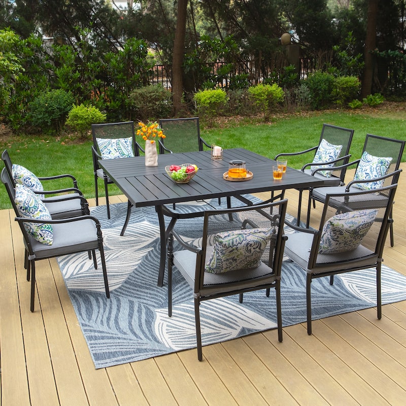 MAISON ARTS 9-Piece Patio Dining Set with Square/Rectangular Metal Table and 8 Gourd Head Shape Armrest Dining Chairs