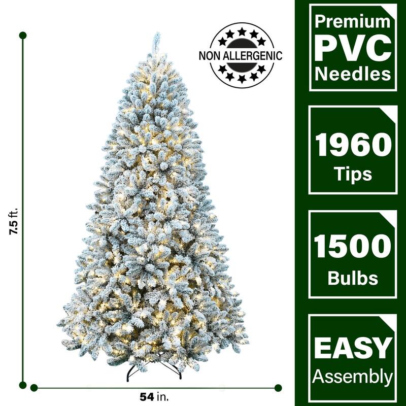 Fraser Hill Farm 7.5-Ft. Flocked Winter Snow Pine Christmas Tree with Warm White LED Lighting