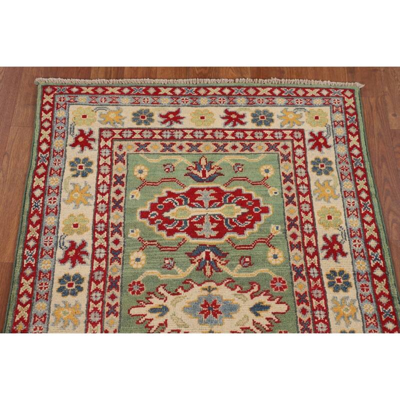 Light Green Kazak Oriental Rug Handmade Traditional Wool Carpet - 2'7" x 3'10"