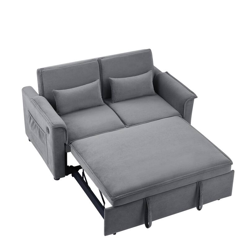 Loveseat Convertible Pull-out Sleeper Sofa Bed, Adjustable Backrest Tufted Couch with USB Ports and 2 Pillows Recliner Sofa