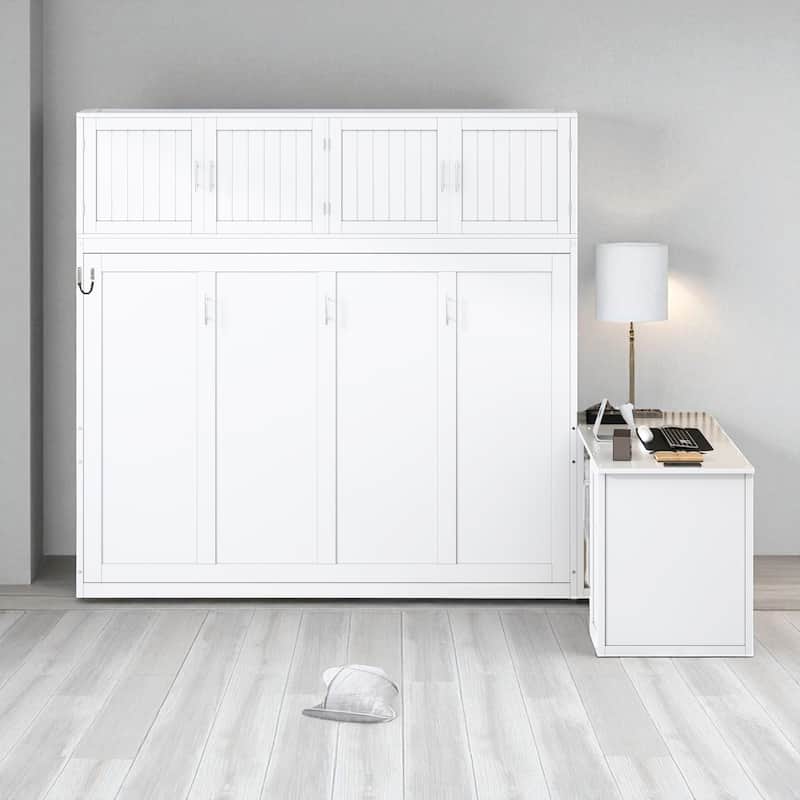 Queen Murphy Wall Bed with Desk, Storage Shelves & Big Cabinets, White, Hydraulic Lift, 600 lb Capacity