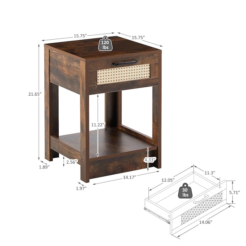 15.75" Rattan End table with drawer, Modern nightstand, side table for living roon, bedroom