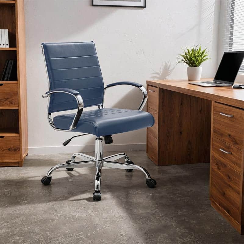 Benmar Modern Leather Ribbed Executive Office Chair with Chrome Frame, Adjustable Height, 360° Swivel, and Rolling Casters