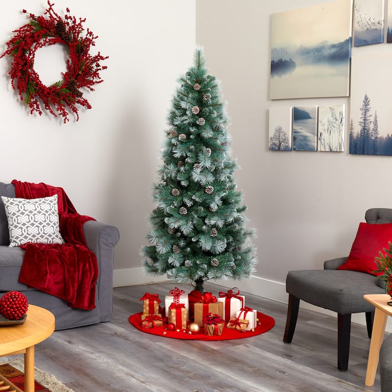 6’ Pre-Lit Frosted Columbia Pine Artificial Christmas Tree, Clear LED Lights - 6 Foot