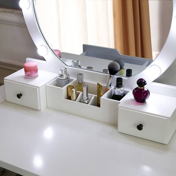 31 Fch Dressing Table With Single Round Mirror With Bulb 4 Drawers On Sale Overstock 31434045