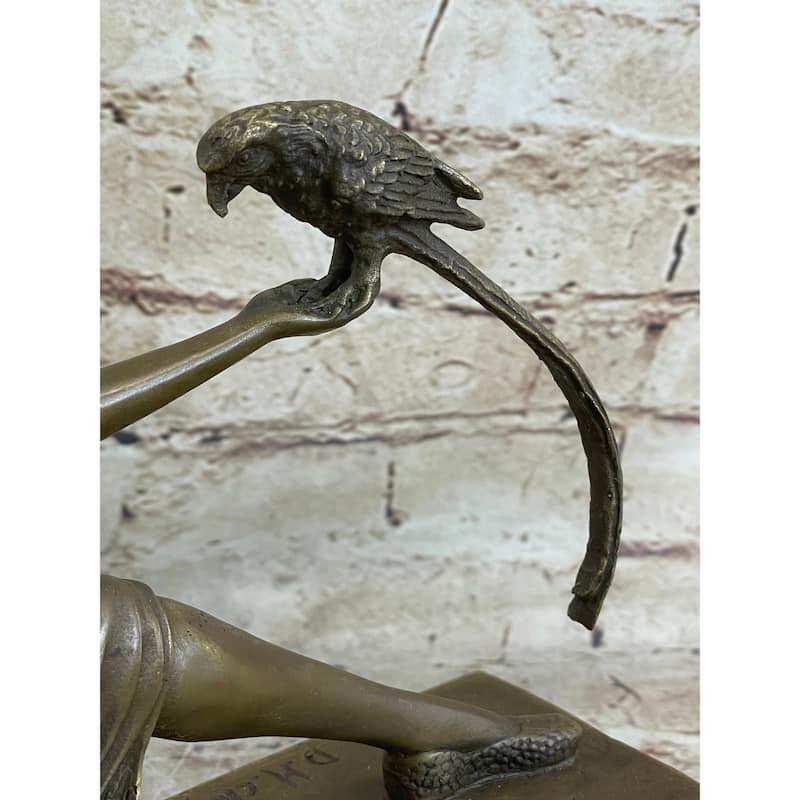 Signed Chiparus Girl With Parrot Bronze Statue Marble Base Sculpture Decor Gift