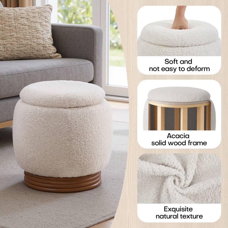 Round Storage Pouf Ottoman Footstool with Flip-top and Acacia Frame