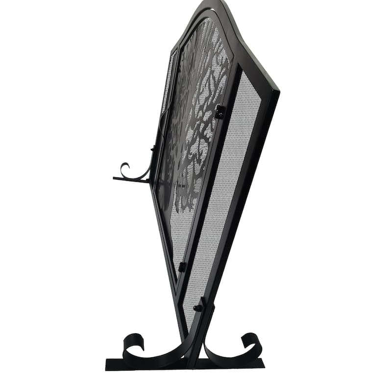 43 Inches 3 Panel Iron Fireplace Screen, Mesh Design, Arched Top, Tree of Life Art, Black