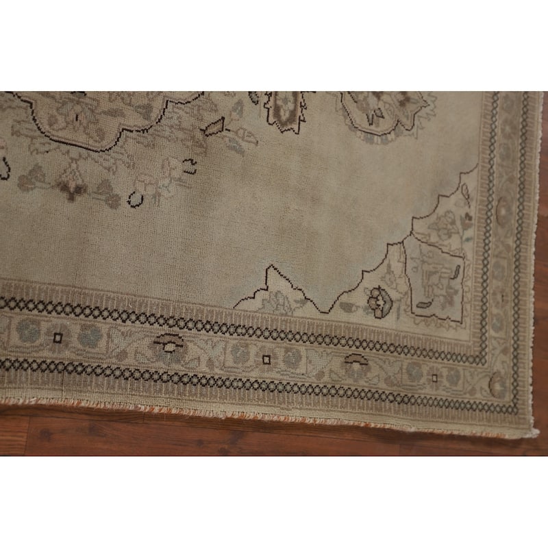 Geometric Tabriz Persian Vintage Rug Hand-Knotted Beige Wool Carpet - 3'6"x 5'3"