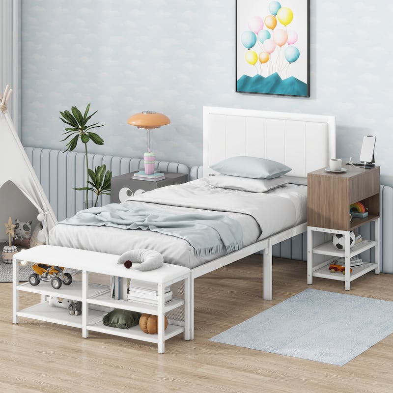 Twin Metal Platform Bed with Cabinet, 2-Tier Shelves & Footrest - White