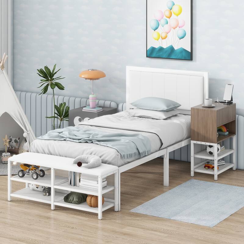 Twin Size Metal Platform Bed Frame with Two-Tier Storage Shelves and Wooden Cabinet, Sleek and Functional for Bedroom