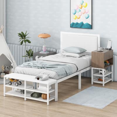 Twin size Metal Platform Bed with Two-Tier Storage Shelves, Wooden Storage Cabinet