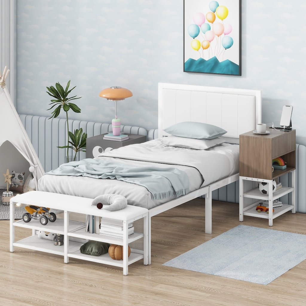 Twin size Metal Platform Bed with Two-Tier Storage Shelves, Wooden Storage Cabinet