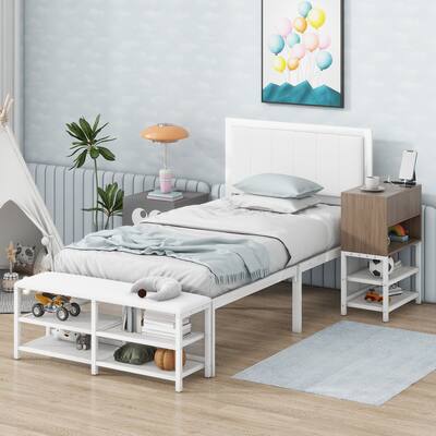 Twin size Metal Platform Bed with Wooden Cabinet, Two-Tier Shelves And Cushioned Footrest