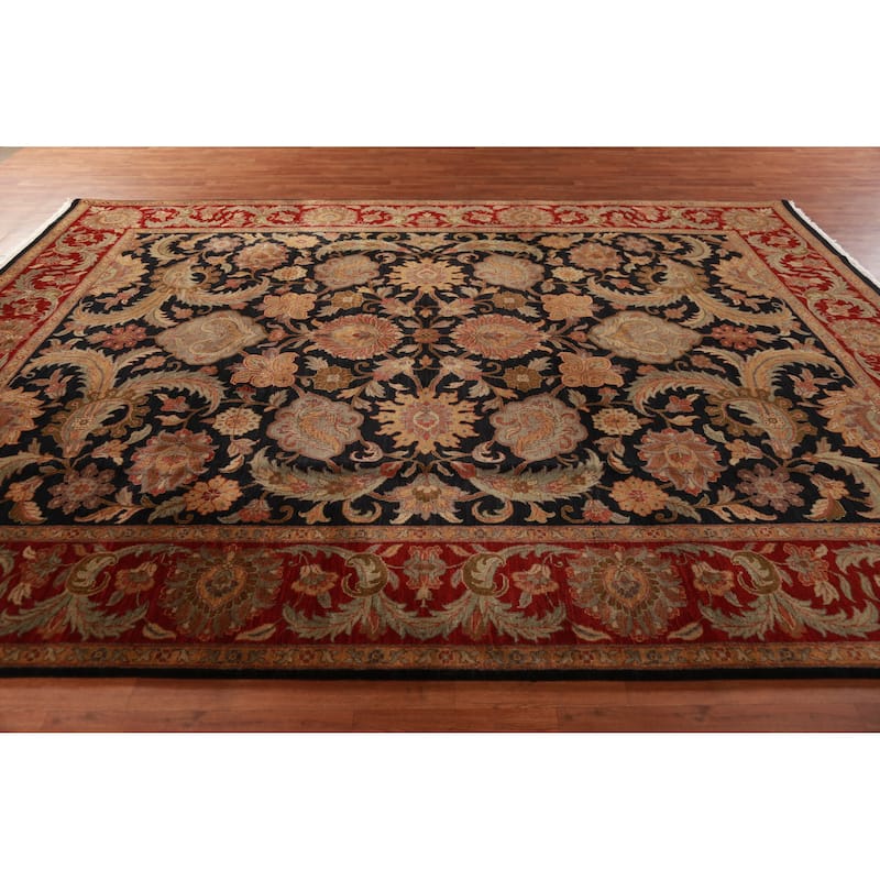 Black Floral Agra Indian Area Rug Handmade Wool Carpet - 9'3"x 12'0"
