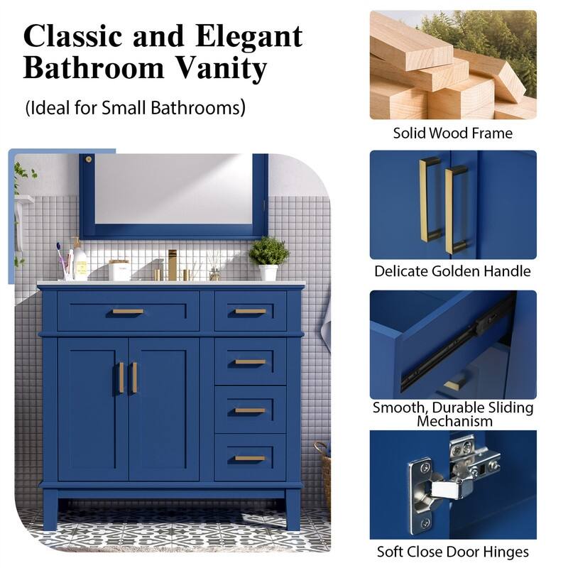 36" Bathroom Vanity with Ceramic Sink, Freestanding Bathroom Vanity Cabinet with 2 Soft Close Doors and 4 Storage Drawers
