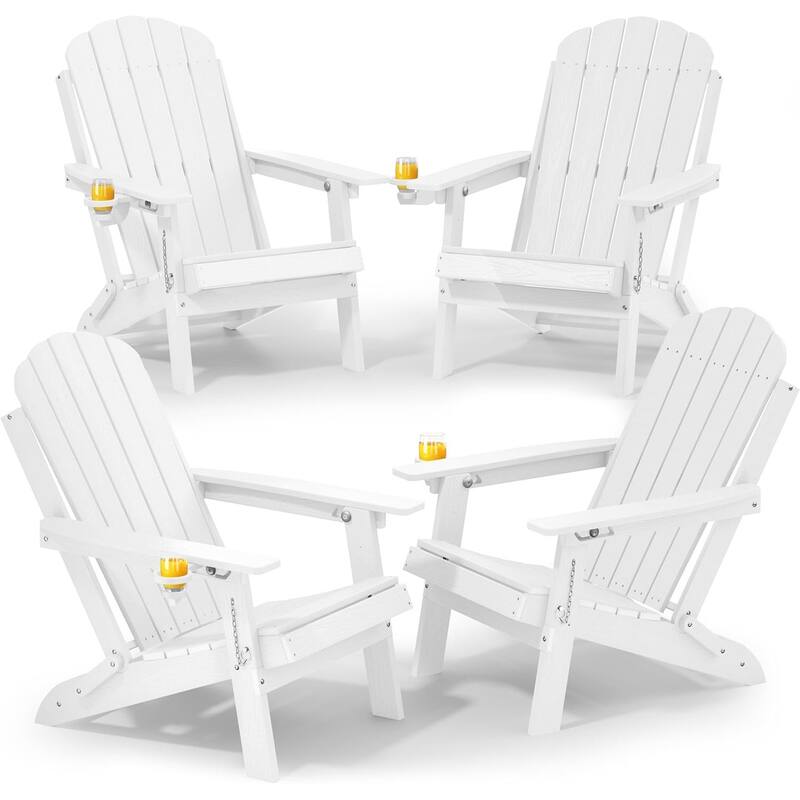 WINSOON Outdoor All-Weather HDPE Folding Adirondack Chair with Cup Holder & Adjustable Back Set of 4 - White