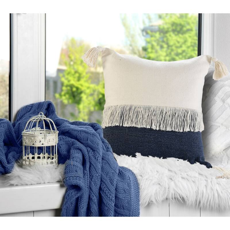 20" Blue and White Fringe Color Block Square Throw Pillow