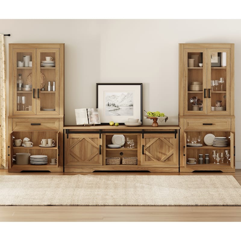 Modern Farmhouse TV Stand with Bookcase for 65" 75" TV with Barn Door for Living Room, Bedroom & Home Office