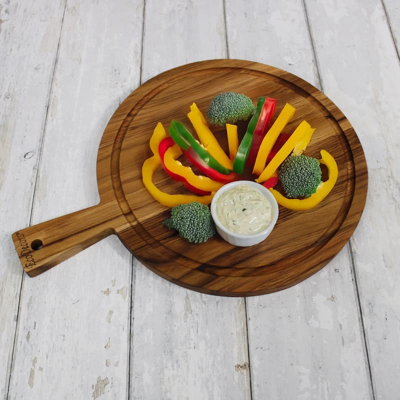EcoDecors 16" Round Teak Cutting Board with Handle, 100% FSC Certified Solid Wood, Carving Board for Kitchen Use, Edge Grain
