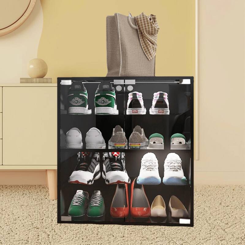 Modern 4-Layer Glass Shoe Organizer Cabinet with LED Light, Bluetooth Control, and Adjustable Shelves for Shoe Display - Black