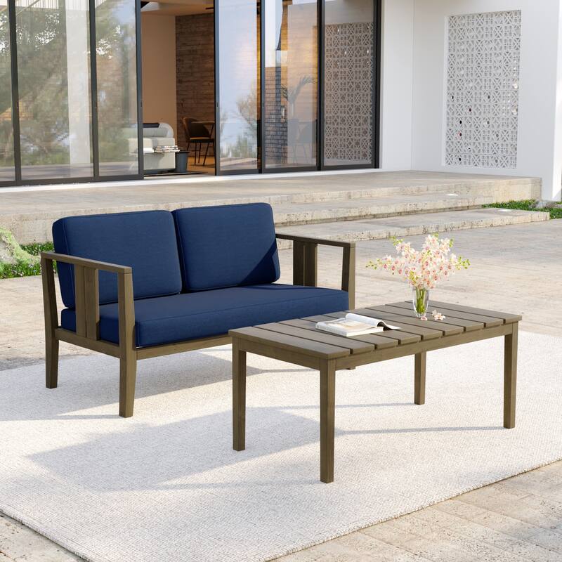 Casual 53"W Outdoor Patio Loveseat Set In Solid Teak Wood with Cushion