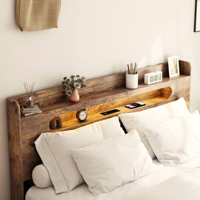 Wood Bed, Low Profile Platform Bed Frame with Storage Headboard Built-in LED Light and Charging Station