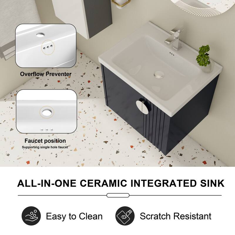 Modern Wall-Mounted Bathroom Vanity with Ceramic Sink, Soft-Close Doors, and 3 Pairs of Metal Handles for Customization