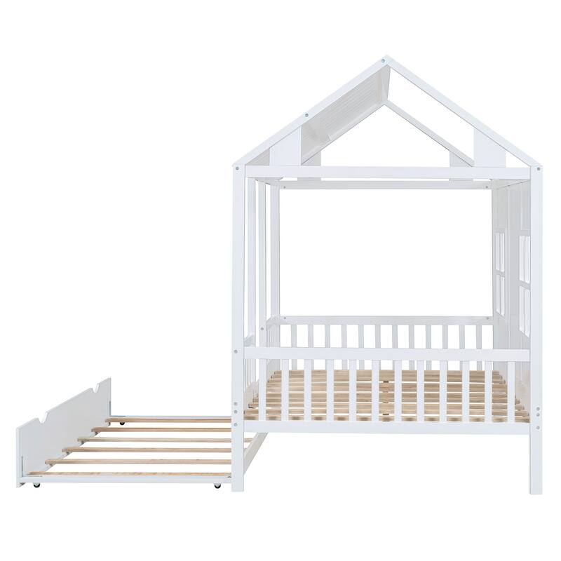 House Platform Bed With Twin Trundle, Wooden Daybed Frame with Rails, Roof and Windows, for Kids Girls Boys