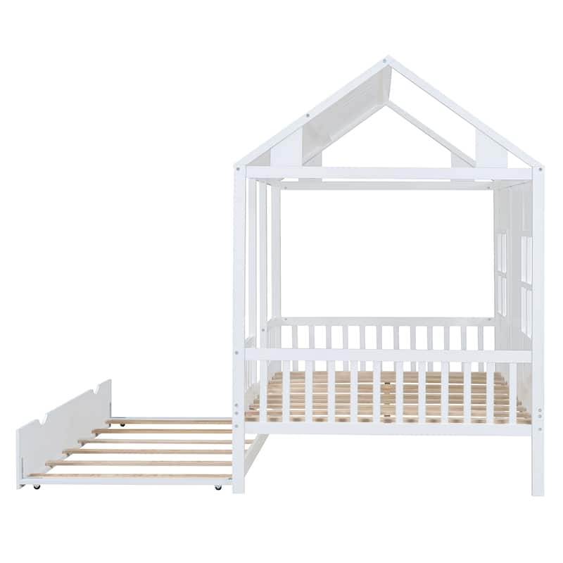 Roomfitters Full/Twin Size Wood House Bed with Twin Trundle, Modern Daybed Frame with Roof Design
