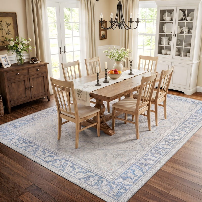 Beige Medallion Flat Pile Washable Rug - Pet Friendly, Non-Slip for Entryway and Bedroom