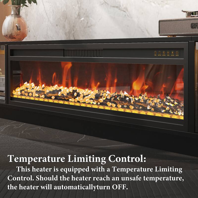 Modern Black Fireplace TV Stand Combo,Remote Fireplace Heater,2 Drawers,Light Strip & USB