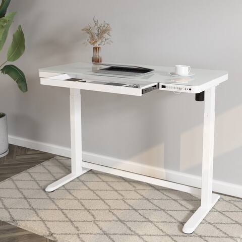 FLEXISPOT 48" Width Home Office Electric Height Adjustable Desk Glass Top Standing Desk Computer Desk With Drawer, USB Charged