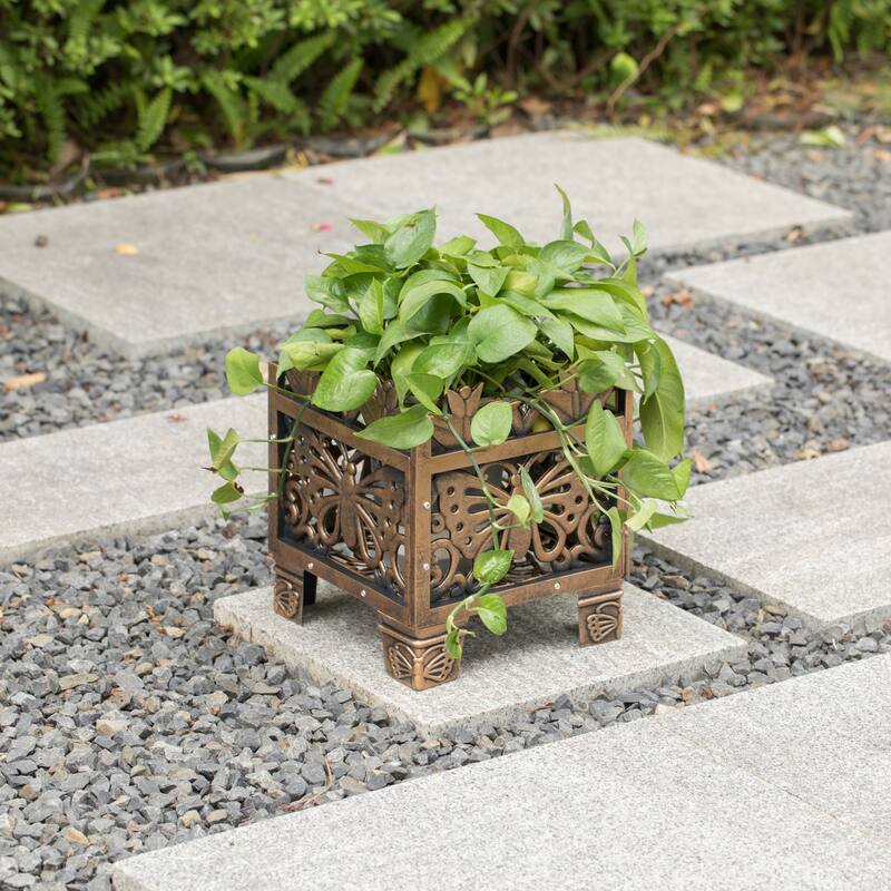 Set of 2 Outdoor Living Butterfly Square Plant Stands, Decorative Flower Planting Pots, Antique Bronze Finish, Patio Decor