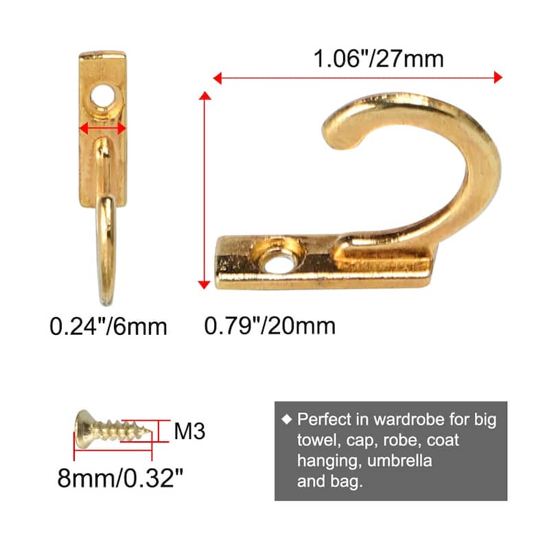 5pcs Robe Hooks Zinc Alloy Hook Key Bathroom DIY Hanger w Screws - Gold Tone - 1.06" x 0.24" x 0.79"(L*W*H)