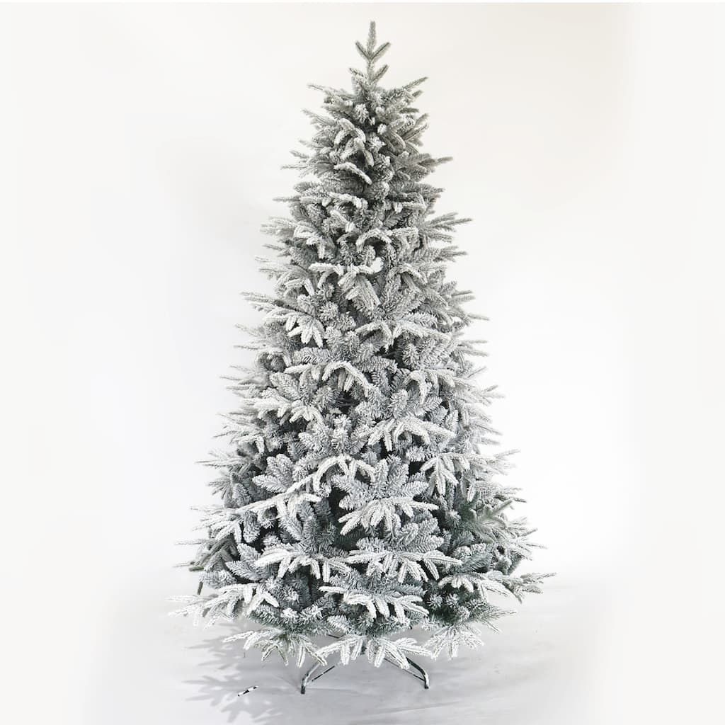 7FT Snow Flocked Christmas Tree, Artificial Hinged Pine Tree with 1100 Realistic Branch Tips, Unlit, White Tips