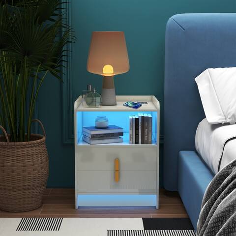 NeuType Black Nightstand with Wireless Charging Station, LED Nightstand for Bedroom
