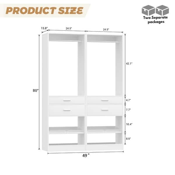 dimension image slide 1 of 8, 25'' W Freestanding Closet System with 2 Wooden Drawers and Adjustable Shoes Rack and Hanging Rod,Walk-in Closet Organizer