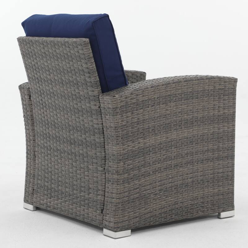 4 Person Patio Rattan Conversation Set with Grey Cushions Outdoor Tempered Glass Table
