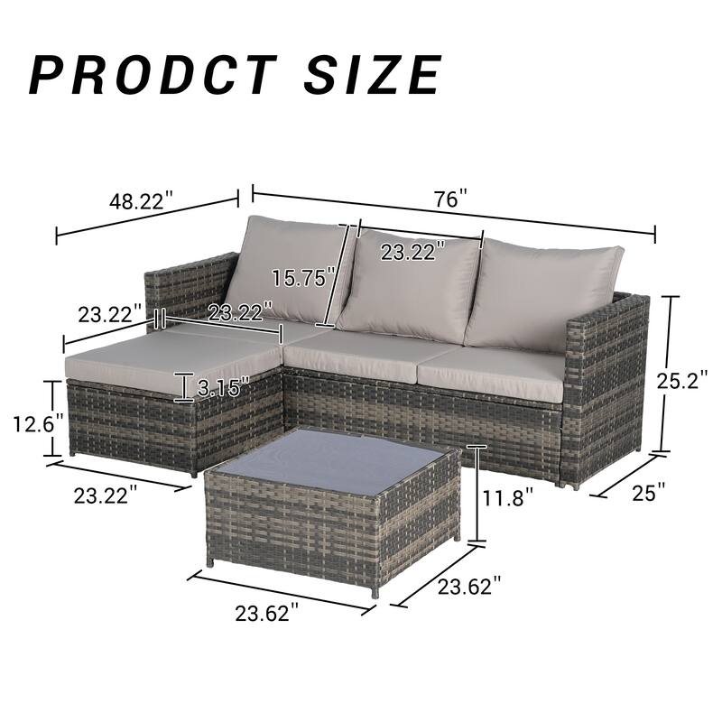 2-Pieces Outdoor Patio L-Shaped Sectional Sofa Set with Glass Coffee Table