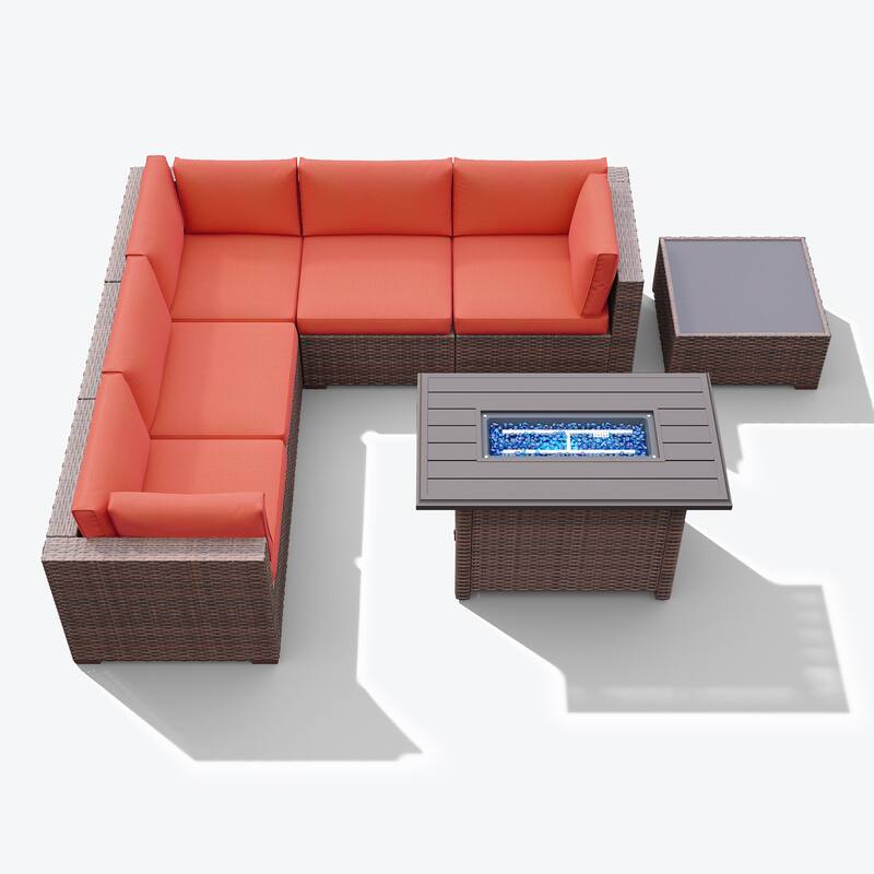 7 Piece Wicker Set Patio Sofa Furniture with Fire Pit And Table