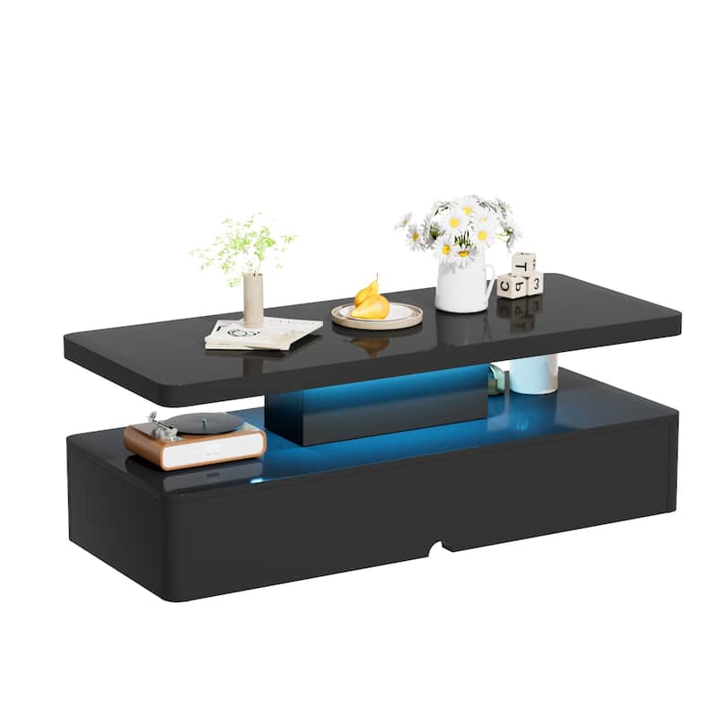 Modern Stylish Coffee Table with 16 Colors LED Lights, Double-Layer Design for Living Room