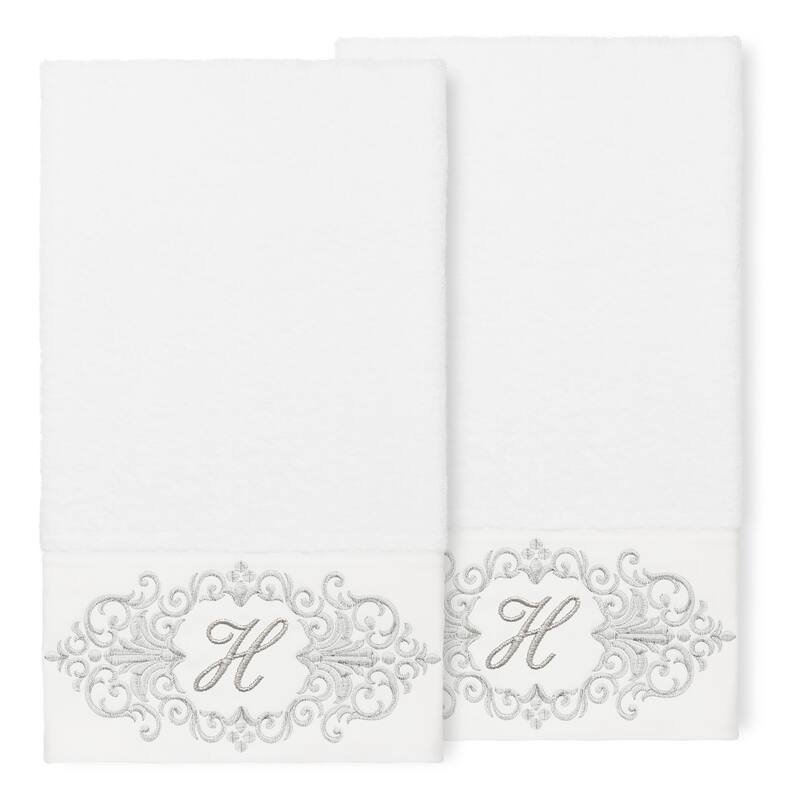 Authentic Hotel and Spa 100% Turkish Cotton Monica 2PC Embellished Bath Towel Set - H - White