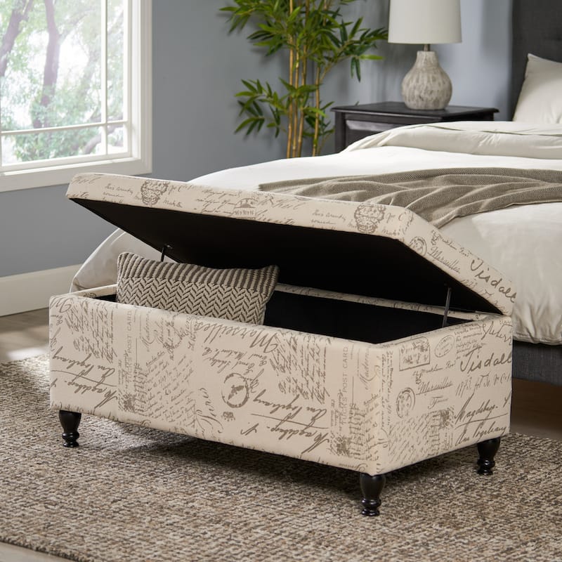 Roomfitters Script Print Storage Bench with Hinged Lid and Turned Legs, Entryway or Bedroom Ottoman, Beige