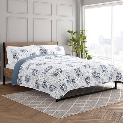 3pc King/Cal King Quilted Coverlet Set Reversible Patchwork Dusk Blue
