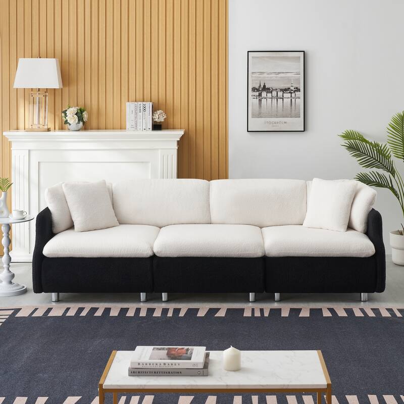 3-Seat Velvet Sofa with Teddy Fabric and Throw Pillows for Cozy Spaces - Beige Black