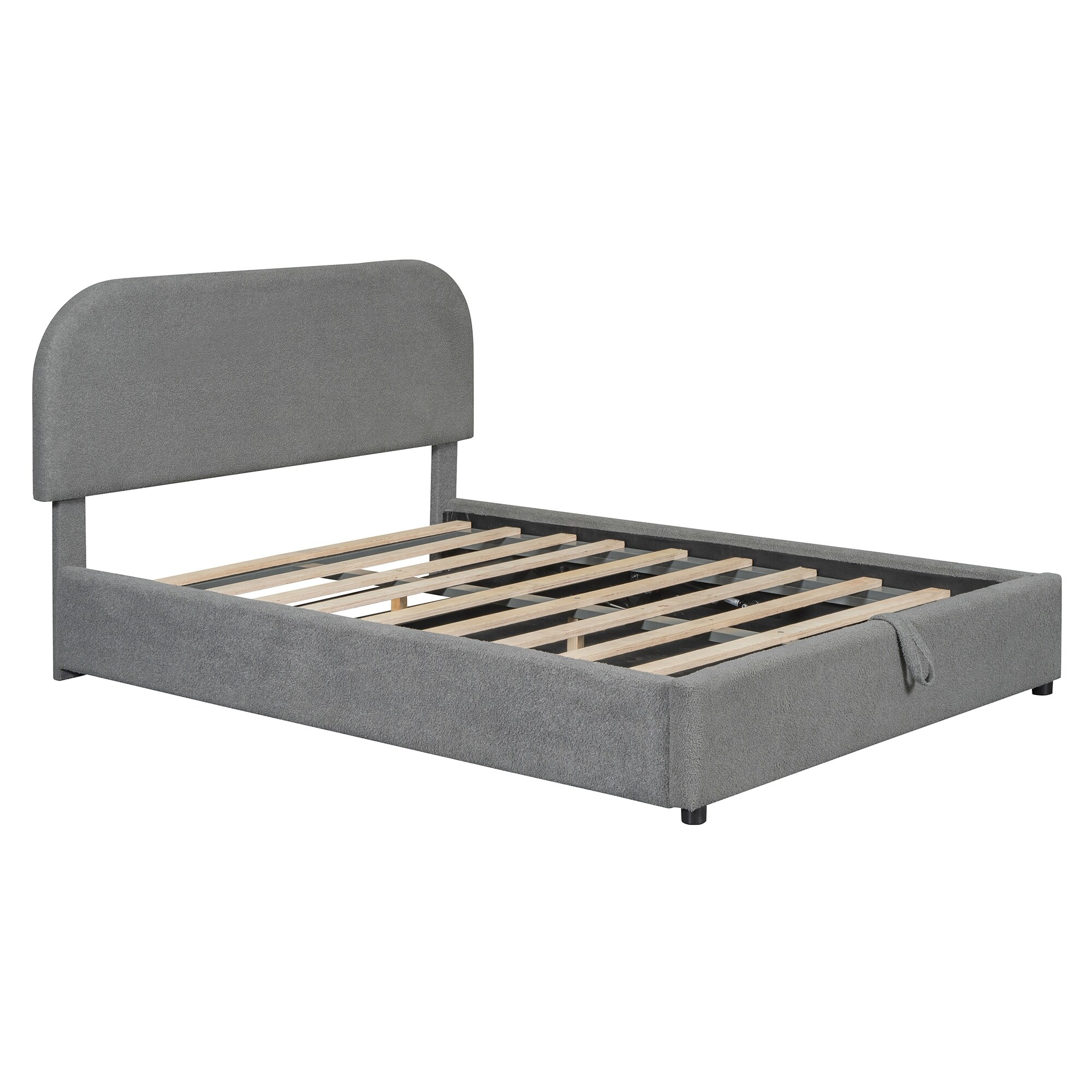 Storage Platform Bed Lift Up Hydraulic Grounded Bed with Curved-shape Headboard and Teddy Fleece Frame for Bedroom