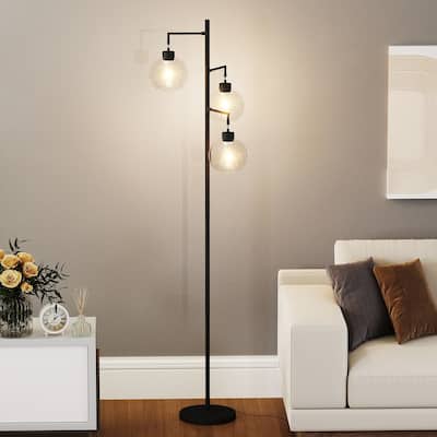 67" Tree-Shaped Living Room Floor Lamp with 3 Lights, Glass Lampshade and Foot Switch