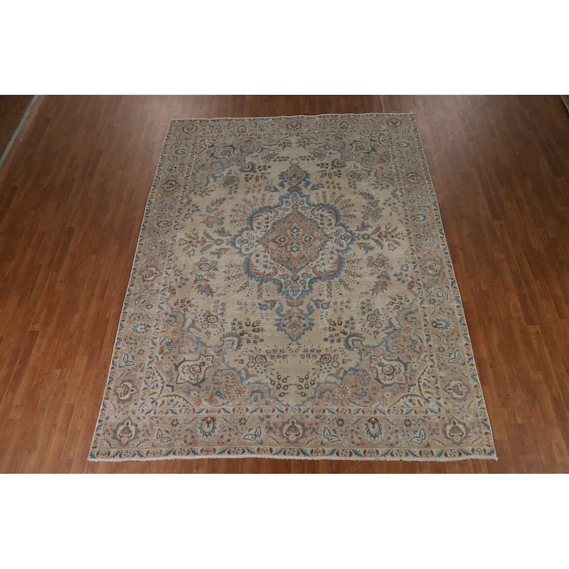 Hand Knotted Oriental 100% Wool Carpet Traditional Floral Beige & Ivories Tabriz Area Rug - 11' 0'' X 8' 2''